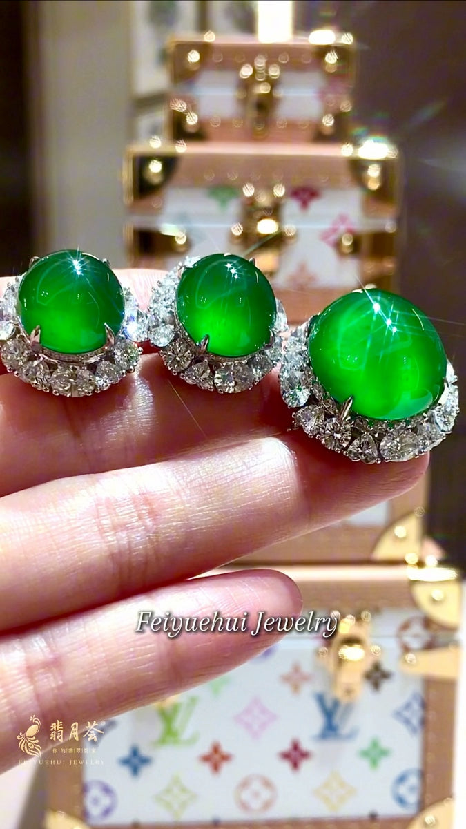 Imperial green jadeite cabochon ring and earrings suite in 18K gold and diamonds by Feiyuehui Jewelry