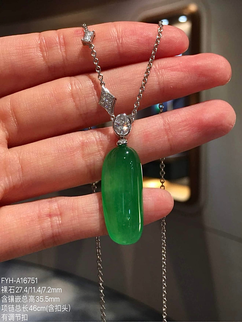 Front view of green Fu Gua jadeite necklace with 18K gold and diamond accents