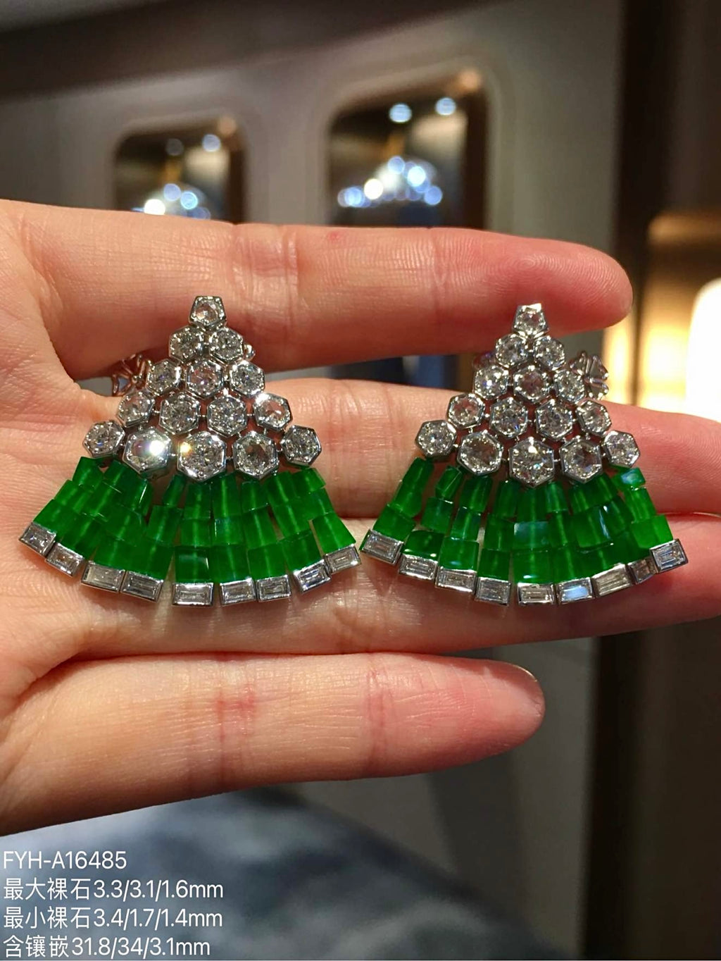 Pair of triangular high jewelry earrings with imperial-green jadeite and diamond-set 18K gold