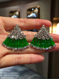 Pair of triangular high jewelry earrings with imperial-green jadeite and diamond-set 18K gold