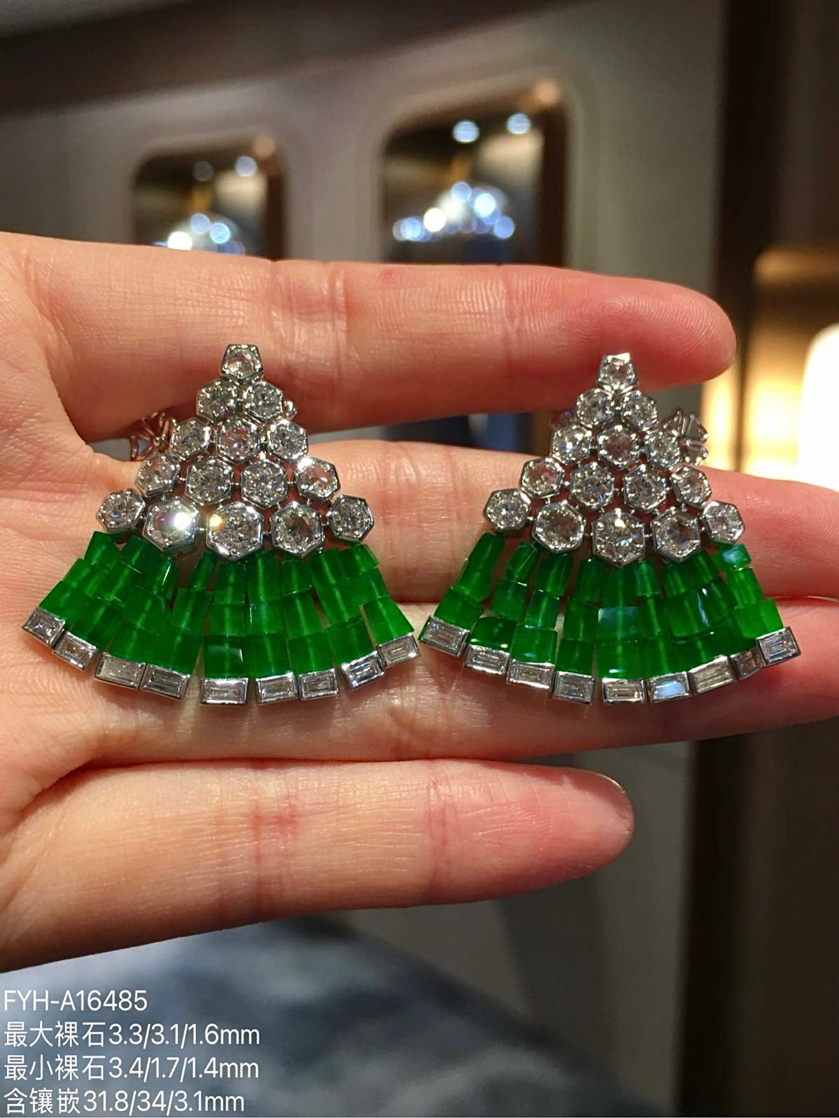 Pair of triangular high jewelry earrings with imperial-green jadeite and diamond-set 18K gold