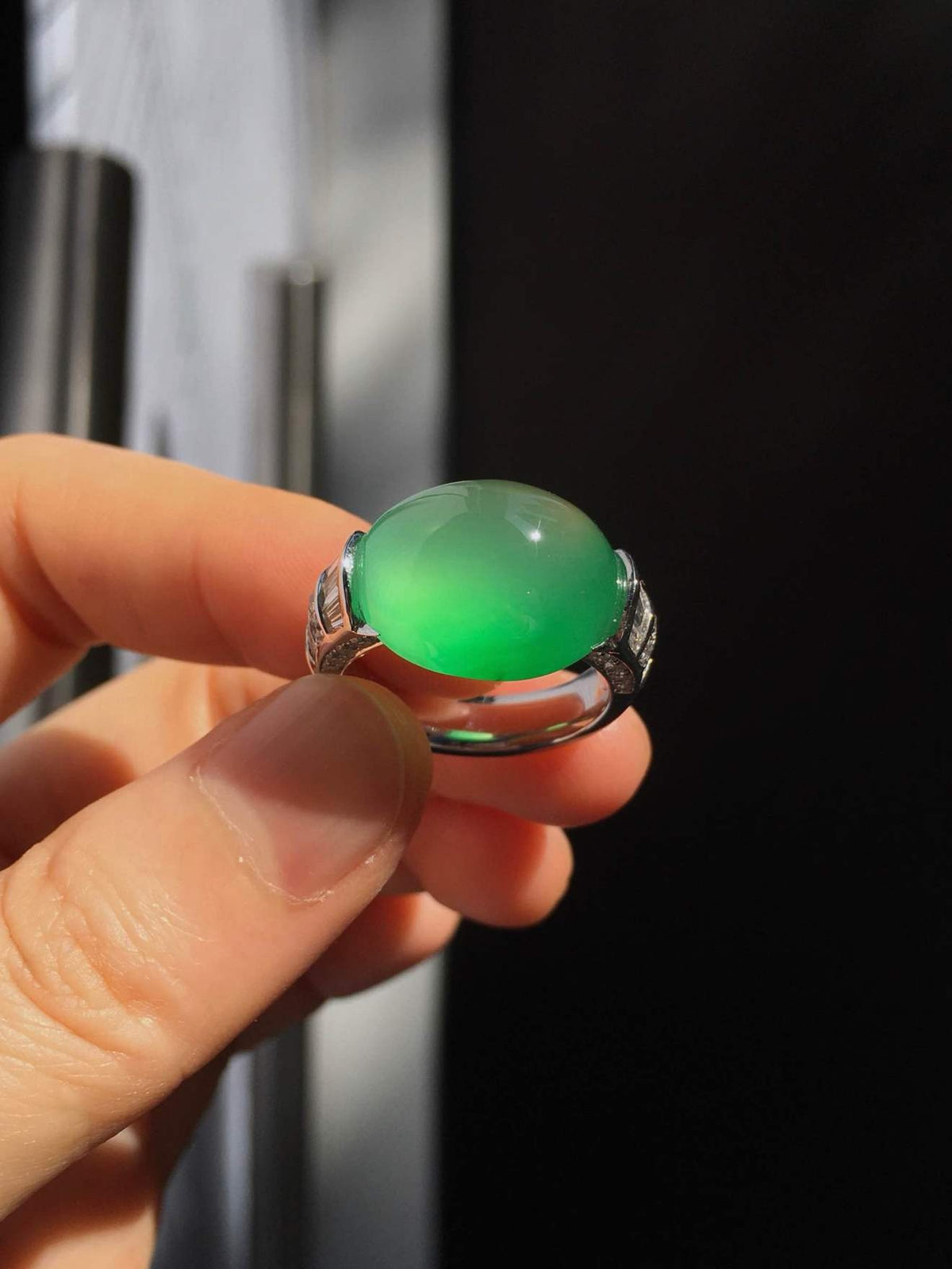 High-Ice Yang Green Jadeite Cabochon Ring in 18K Gold & Diamonds