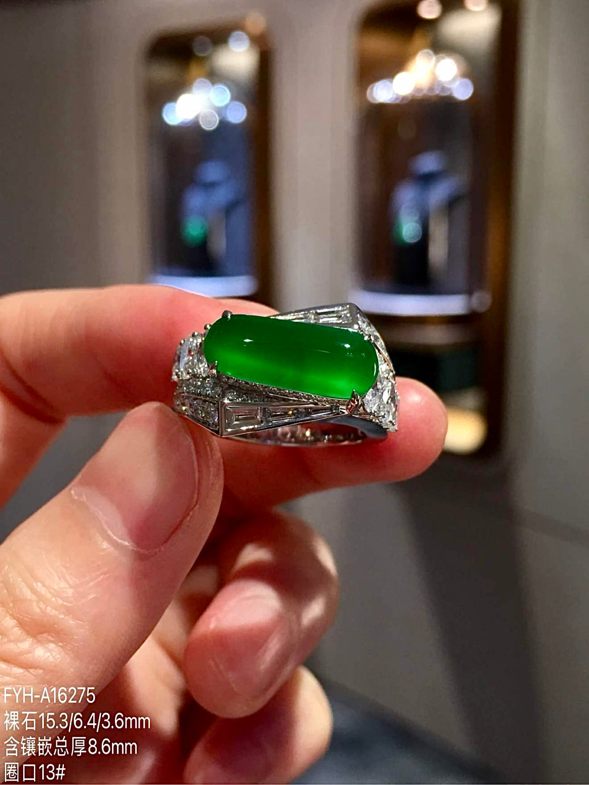 Glass-Type Imperial Green Jadeite Saddle Ring in 18K Gold & Diamonds