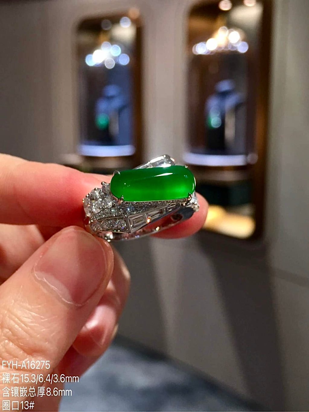 Glass-Type Imperial Green Jadeite Saddle Ring in 18K Gold & Diamonds