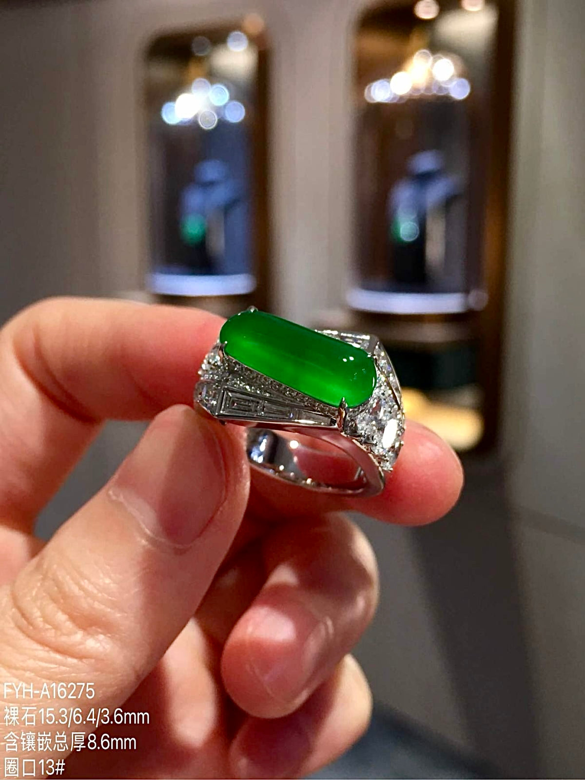 Glass-Type Imperial Green Jadeite Saddle Ring in 18K Gold & Diamonds