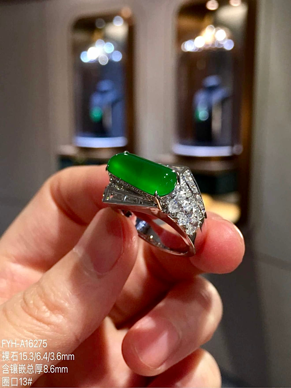 Glass-Type Imperial Green Jadeite Saddle Ring in 18K Gold & Diamonds