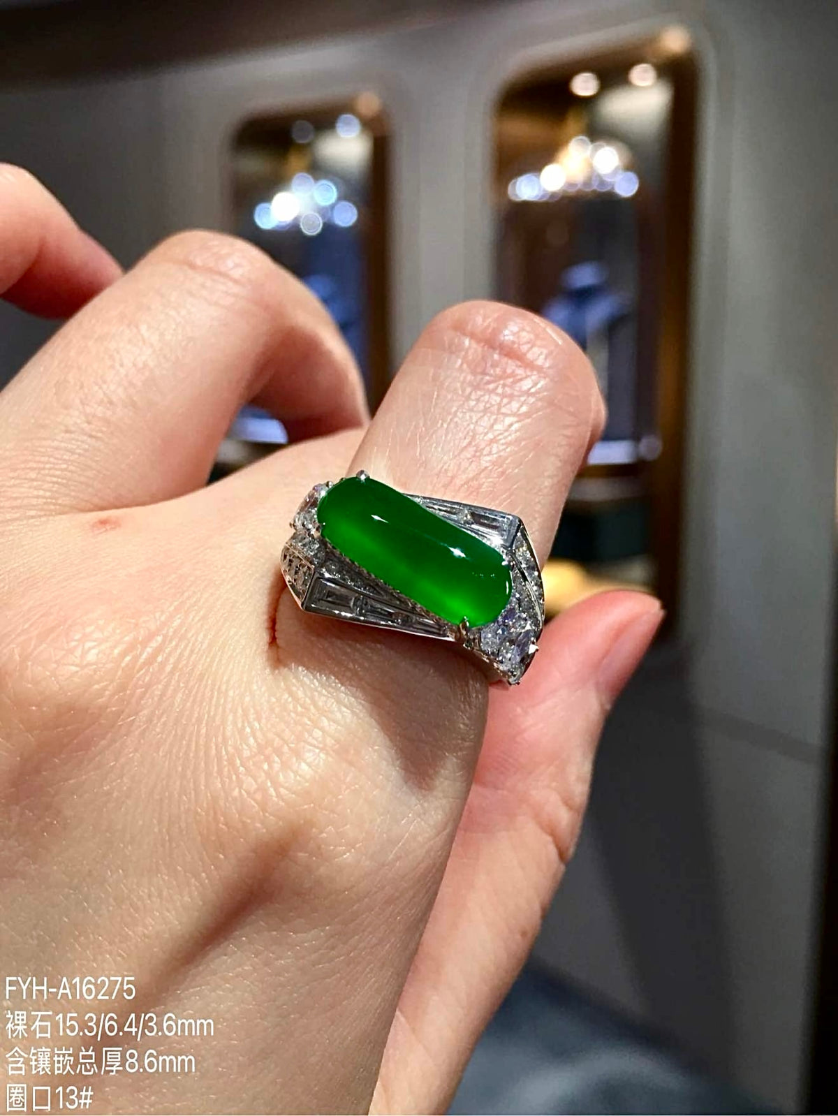 Glass-Type Imperial Green Jadeite Saddle Ring in 18K Gold & Diamonds