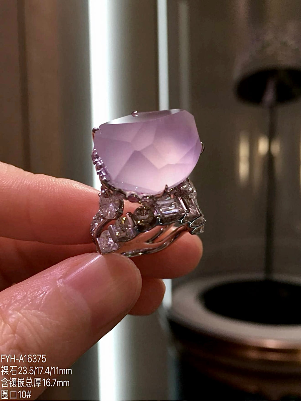 Glass-Type Pinkish-Lavender Jadeite Freeform Ring in 18K Gold & Diamonds