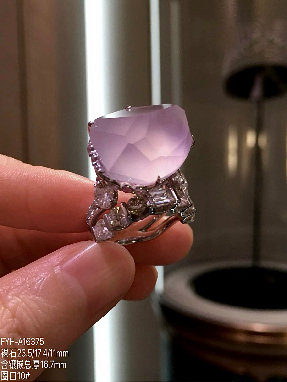Glass-Type Pinkish-Lavender Jadeite Freeform Ring in 18K Gold & Diamonds