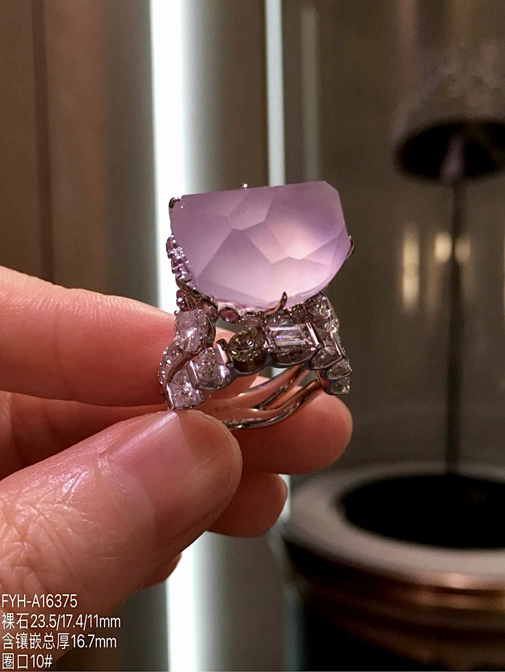 Glass-Type Pinkish-Lavender Jadeite Freeform Ring in 18K Gold & Diamonds