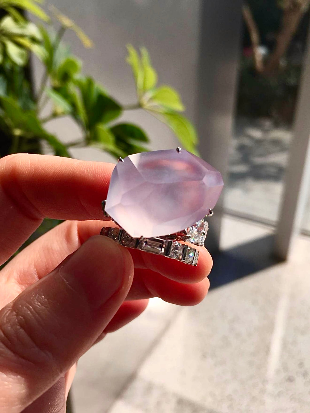 Glass-Type Pinkish-Lavender Jadeite Freeform Ring in 18K Gold & Diamonds
