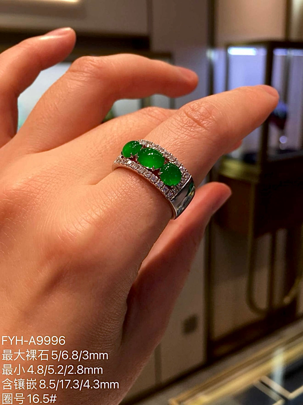 High-Ice Zhengyang Green Three-Stone Jadeite Ring in 18K Gold & Diamonds