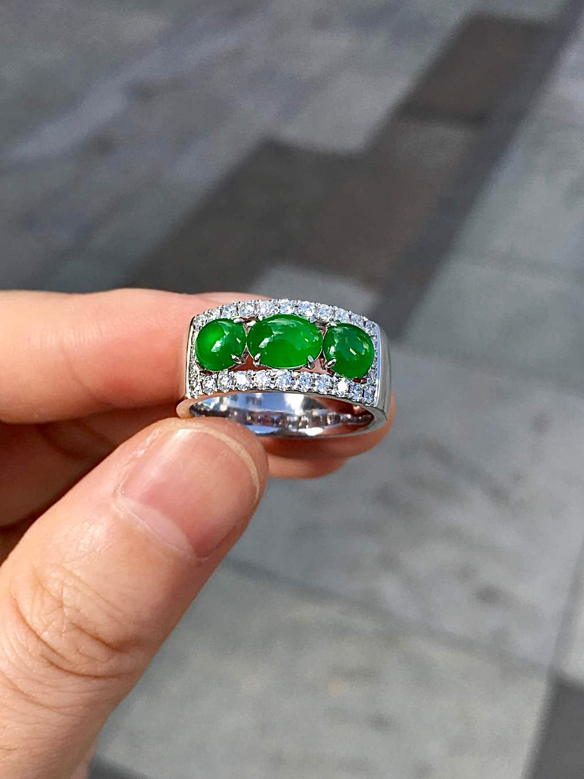 High-Ice Zhengyang Green Three-Stone Jadeite Ring in 18K Gold & Diamonds