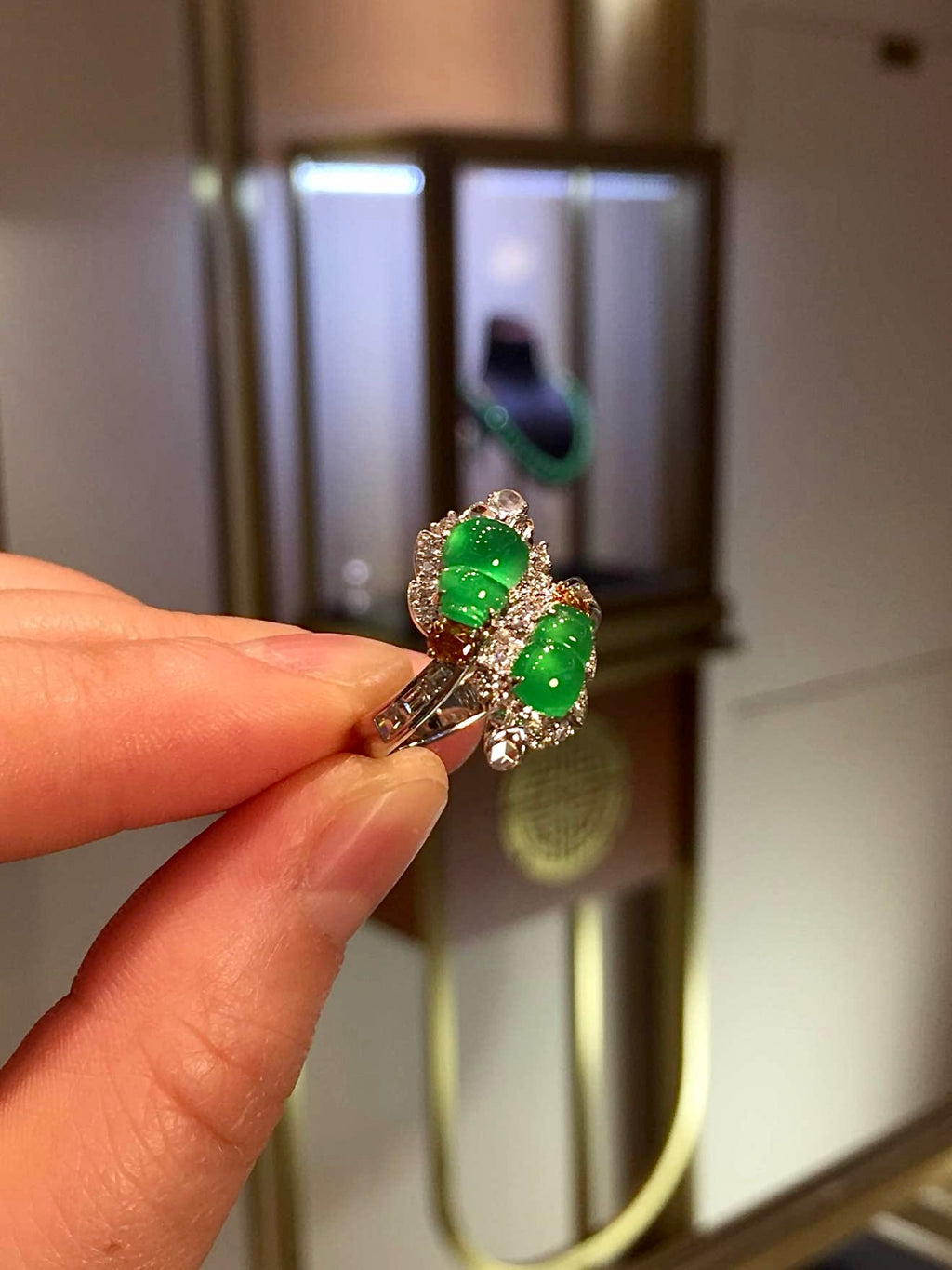 Glass-Type Yang Green Jadeite Double Gourd Ring in 18K Gold & Diamonds