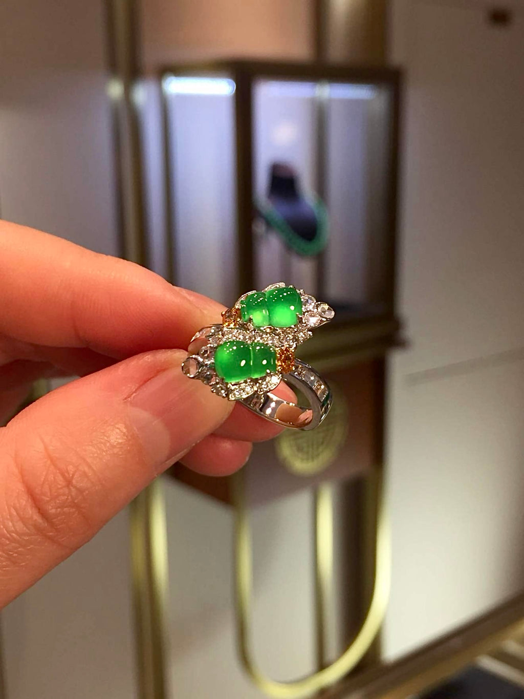 Glass-Type Yang Green Jadeite Double Gourd Ring in 18K Gold & Diamonds