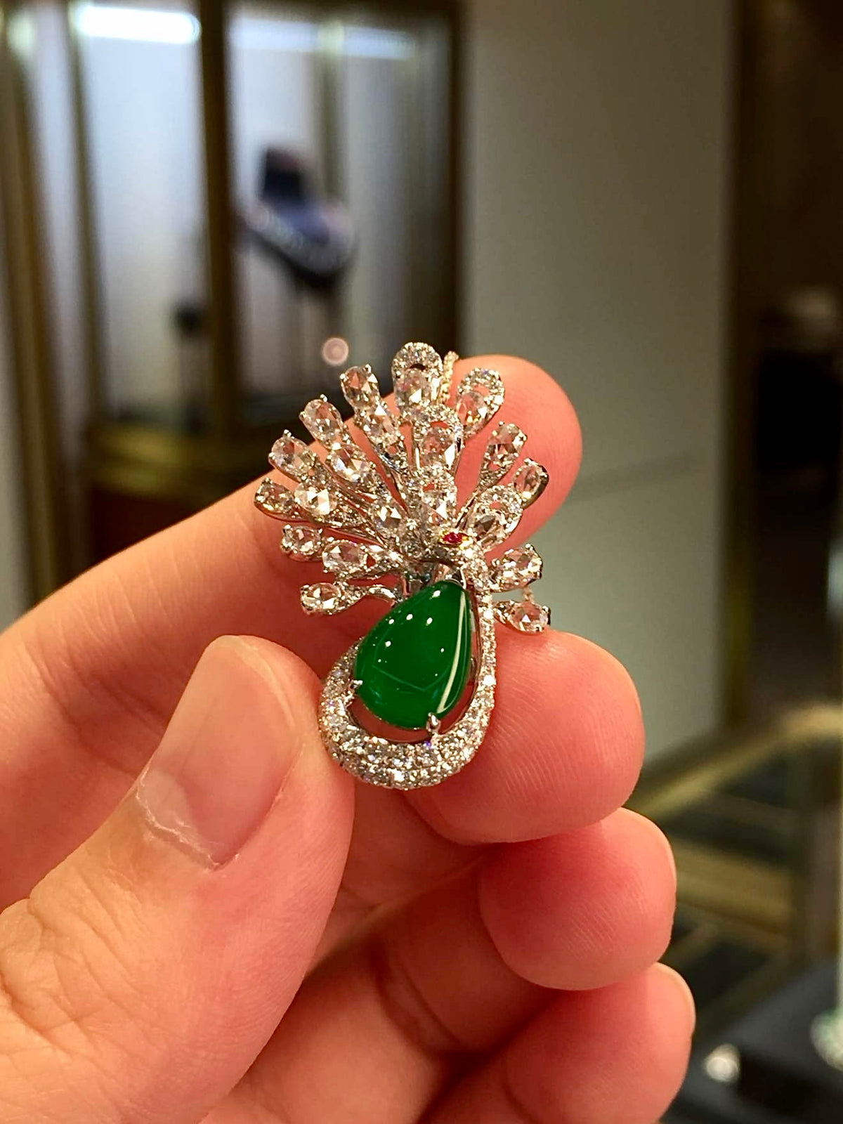 High-Ice Imperial Green Jadeite Peacock Convertible Ring & Pendant in 18K Gold & Diamonds