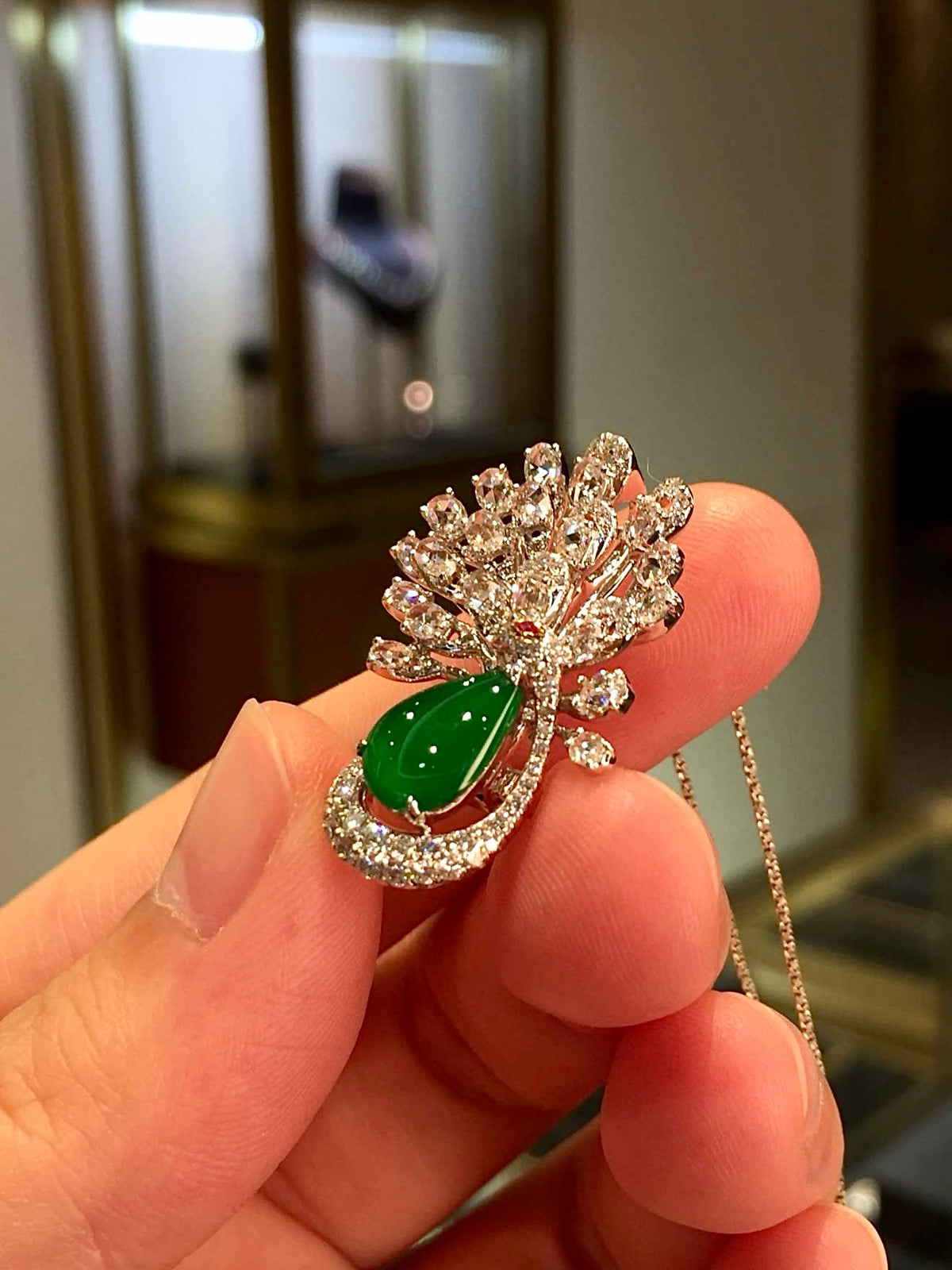 High-Ice Imperial Green Jadeite Peacock Convertible Ring & Pendant in 18K Gold & Diamonds