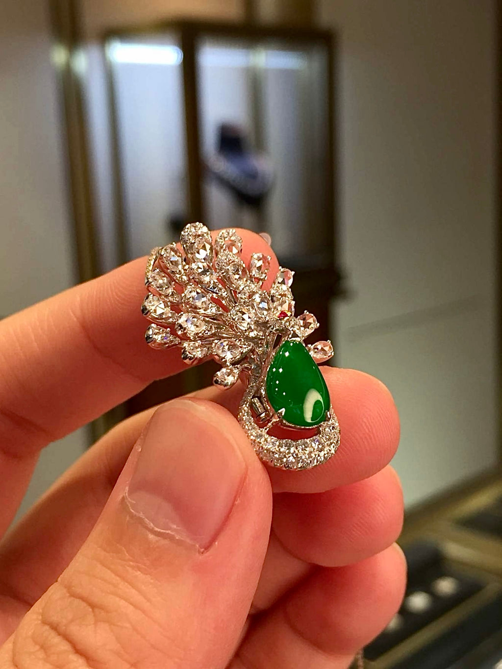 High-Ice Imperial Green Jadeite Peacock Convertible Ring & Pendant in 18K Gold & Diamonds