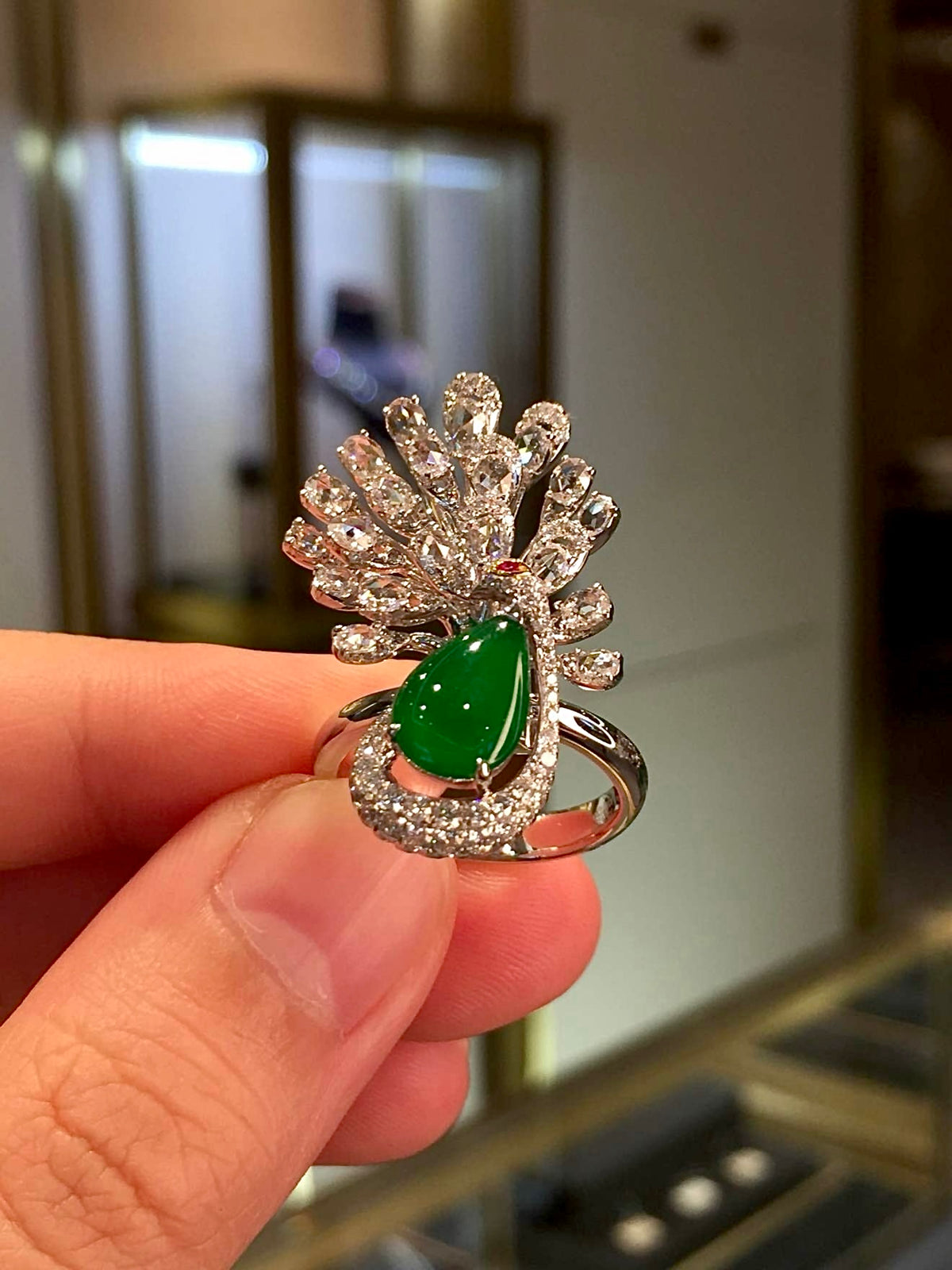 High-Ice Imperial Green Jadeite Peacock Convertible Ring & Pendant in 18K Gold & Diamonds