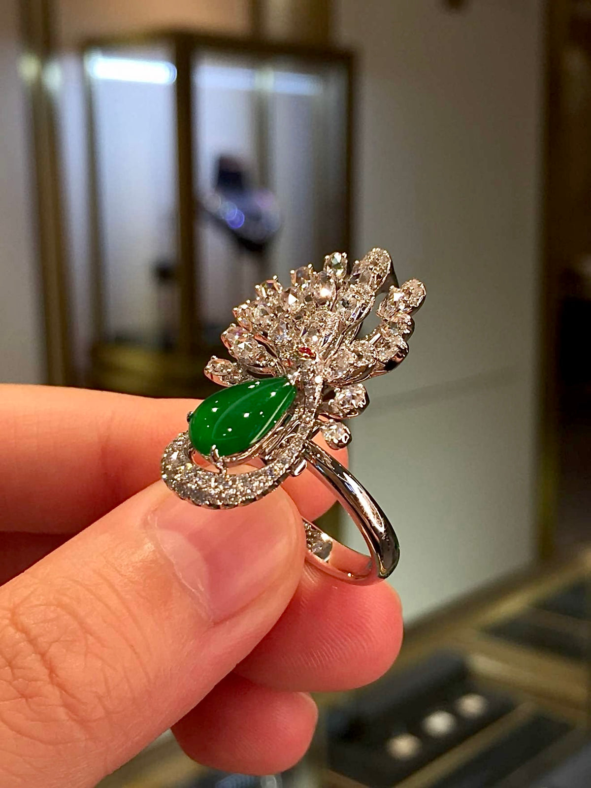 High-Ice Imperial Green Jadeite Peacock Convertible Ring & Pendant in 18K Gold & Diamonds