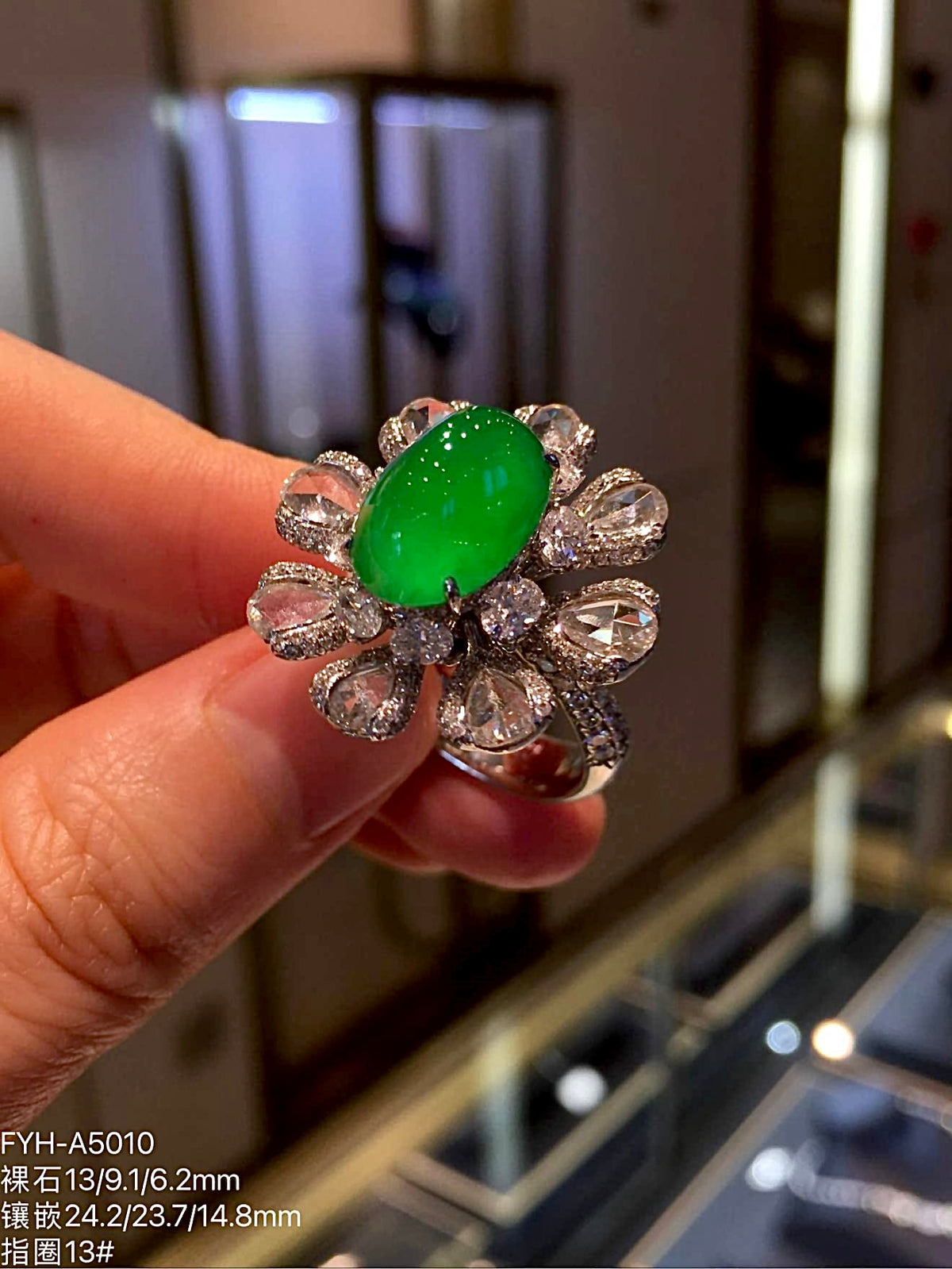 Glass-Type Zhengyang Green Jadeite Cabochon Ring with Rose-Cut Diamonds in 18K Gold