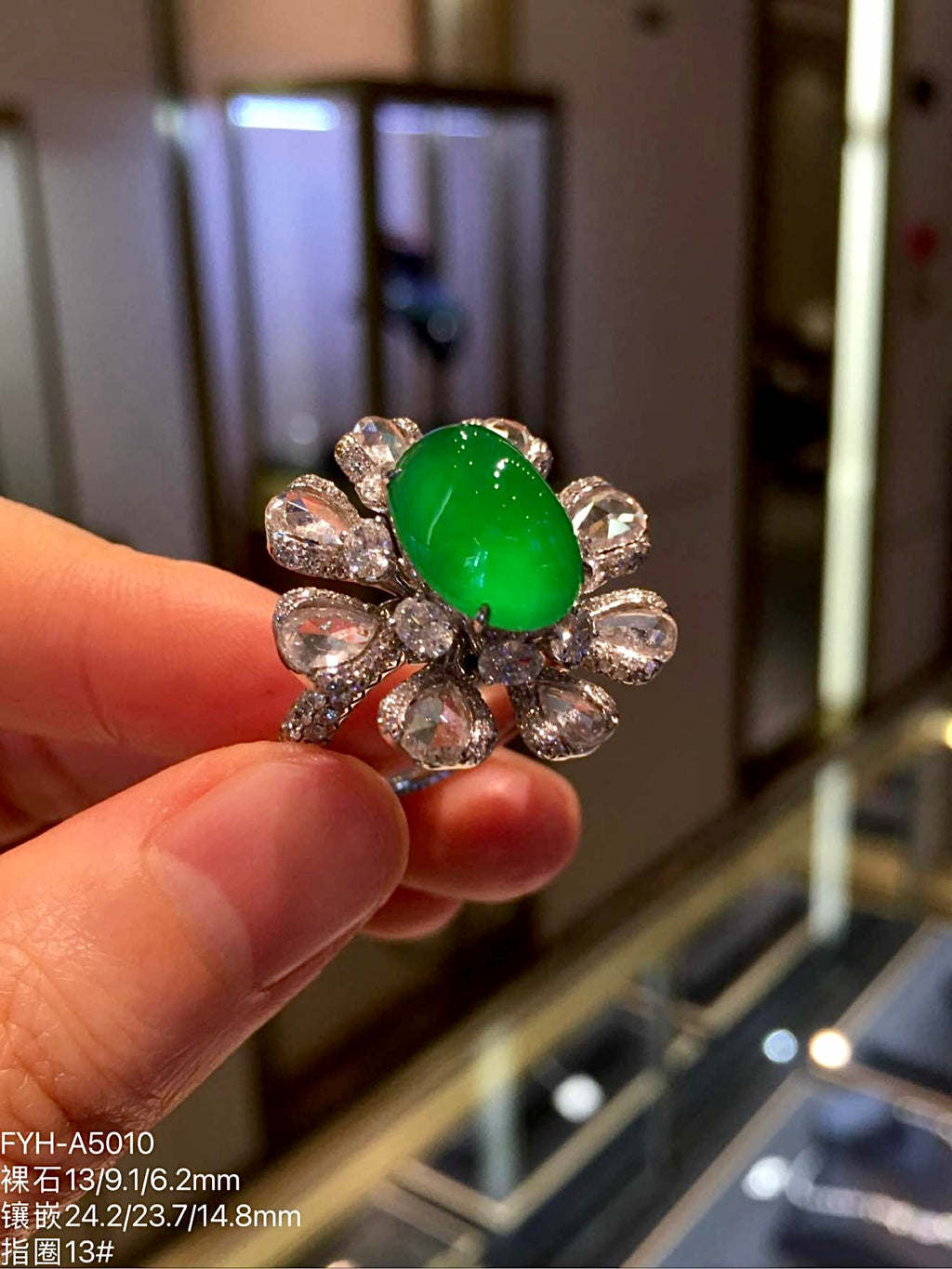 Glass-Type Zhengyang Green Jadeite Cabochon Ring with Rose-Cut Diamonds in 18K Gold