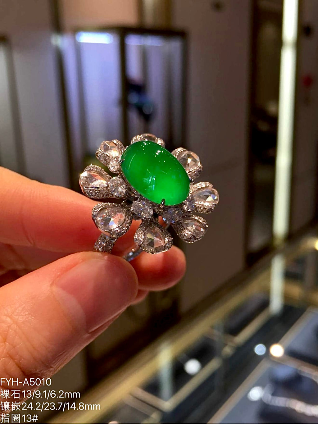 Glass-Type Zhengyang Green Jadeite Cabochon Ring with Rose-Cut Diamonds in 18K Gold