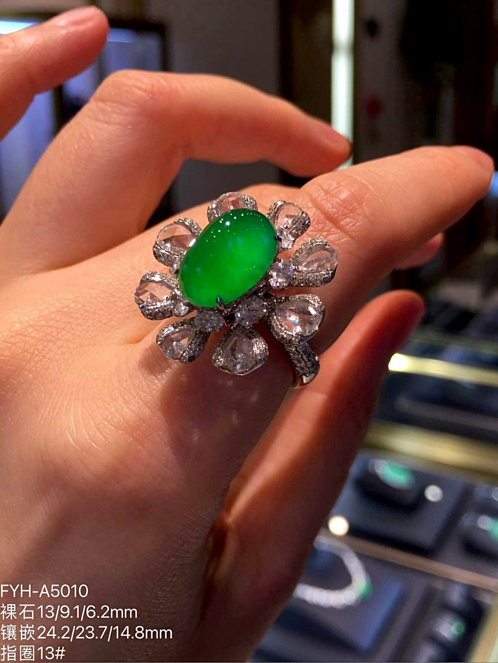 Glass-Type Zhengyang Green Jadeite Cabochon Ring with Rose-Cut Diamonds in 18K Gold