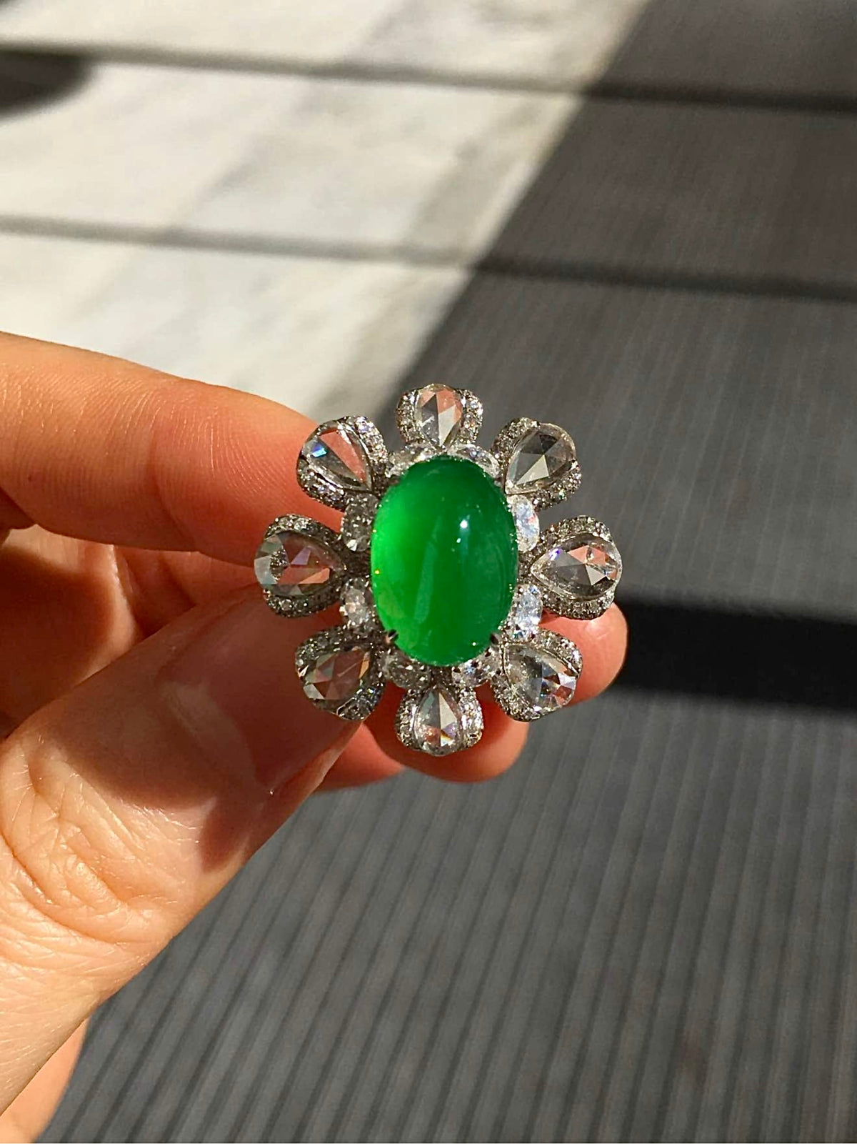 Glass-Type Zhengyang Green Jadeite Cabochon Ring with Rose-Cut Diamonds in 18K Gold