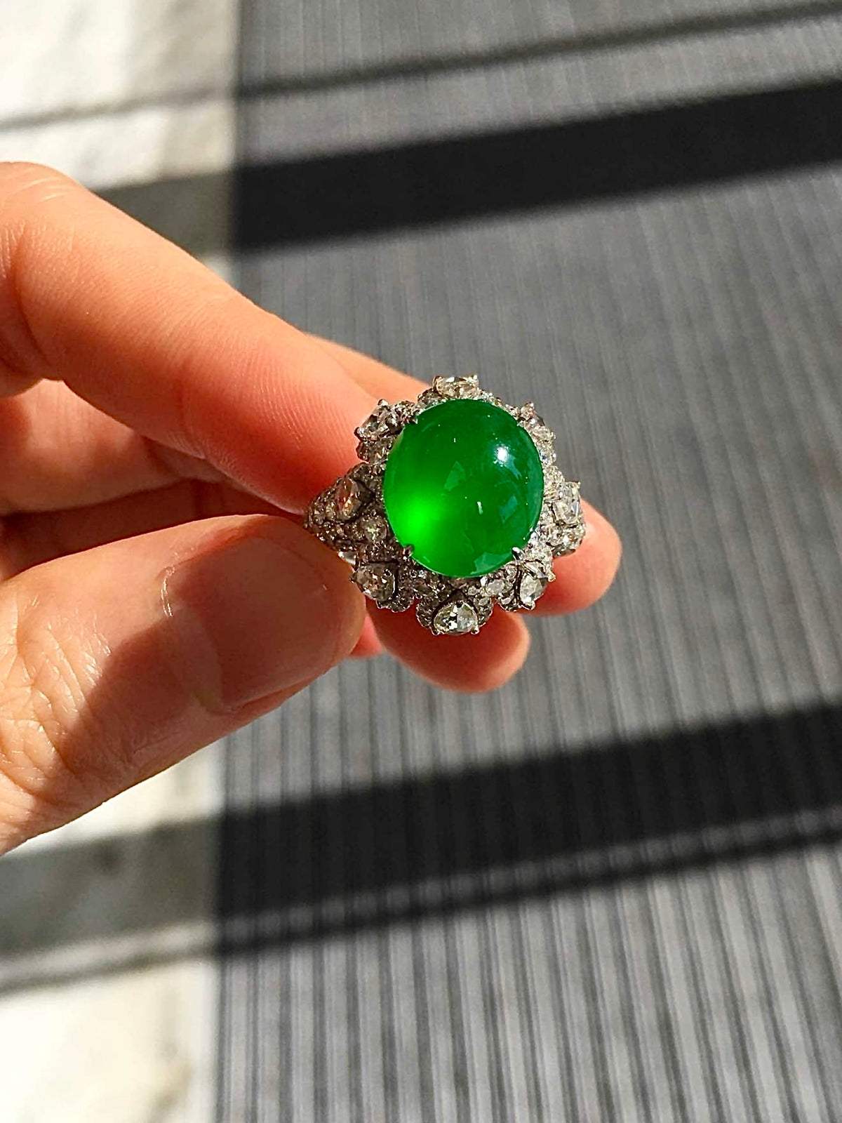 Glass-Type Imperial Green Jadeite Cabochon Ring in 18K Gold & Diamonds