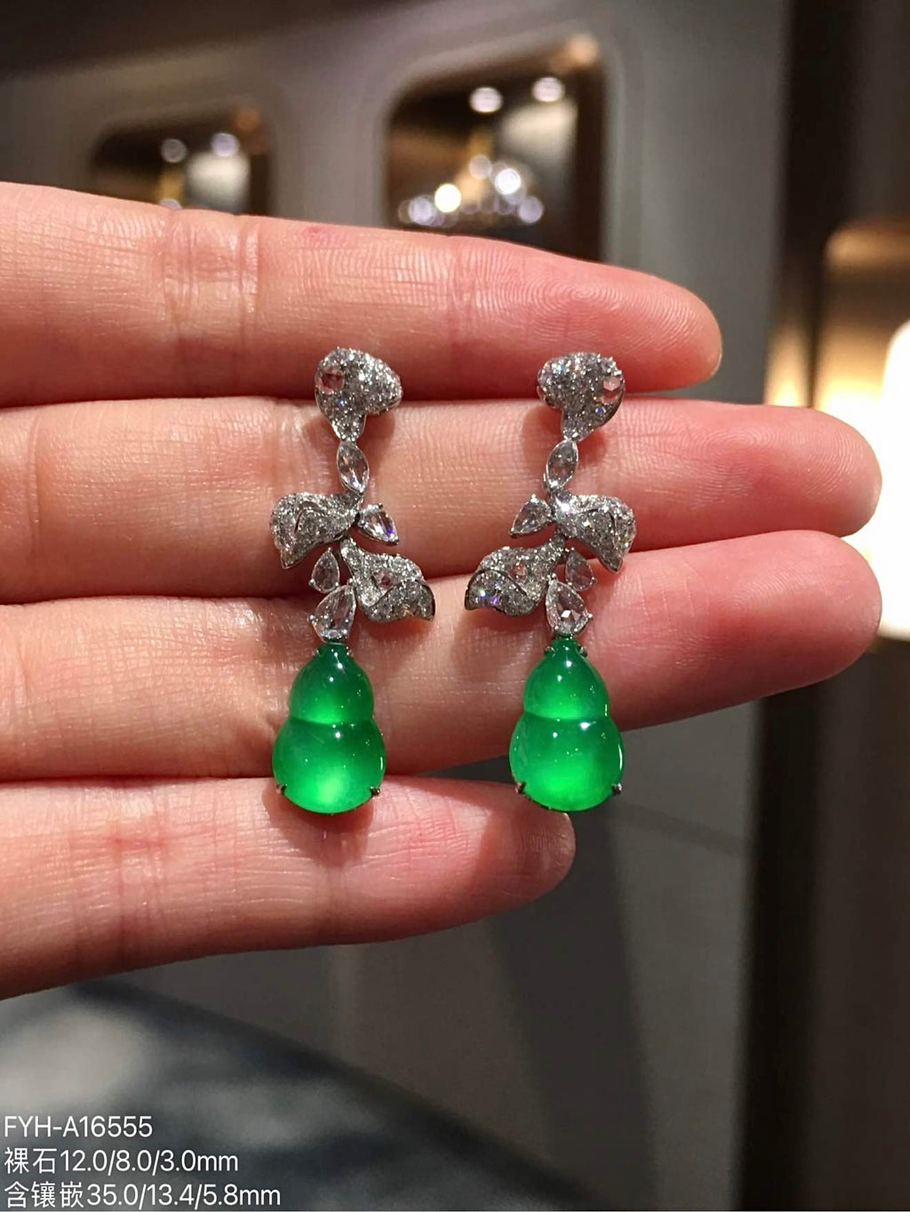 Glass-Type Vivid Green Jadeite Gourd Drop Earrings