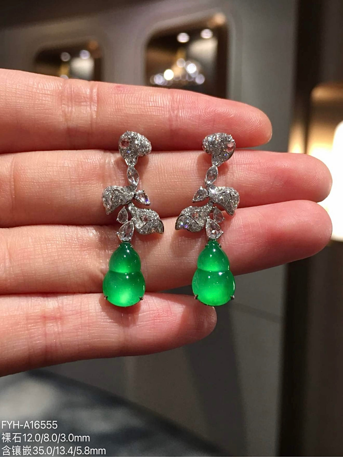 Glass-Type Vivid Green Jadeite Gourd Drop Earrings