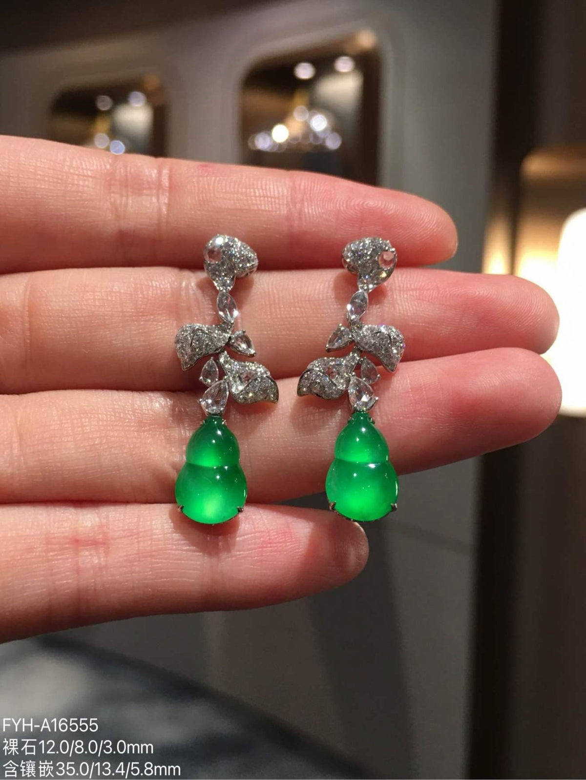 Glass-Type Vivid Green Jadeite Gourd Drop Earrings