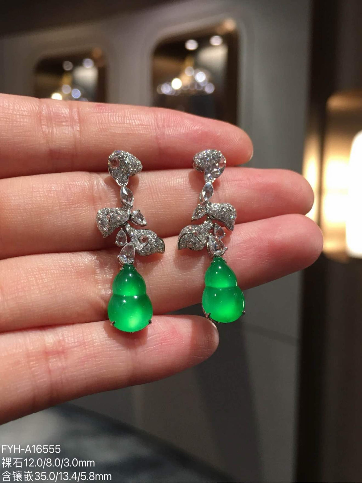 Glass-Type Vivid Green Jadeite Gourd Drop Earrings