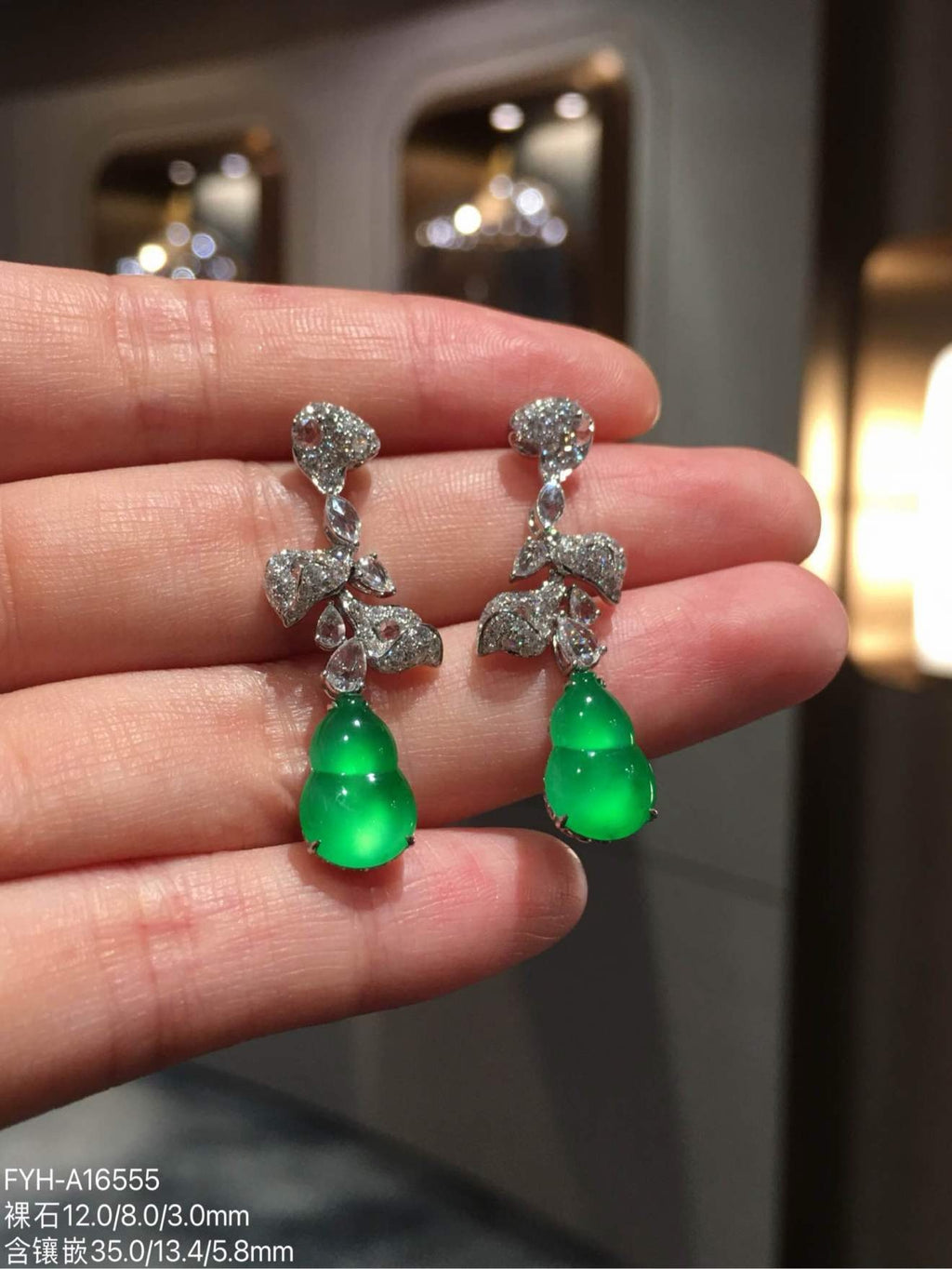 Glass-Type Vivid Green Jadeite Gourd Drop Earrings