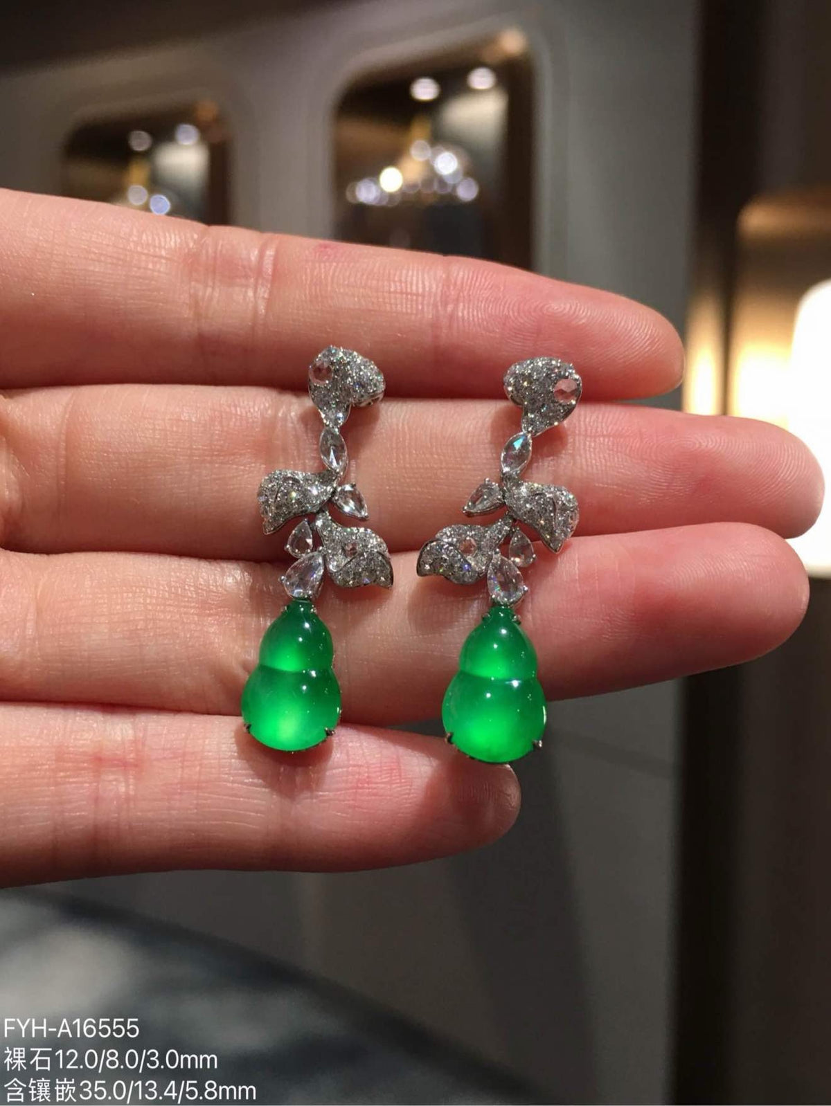 Glass-Type Vivid Green Jadeite Gourd Drop Earrings