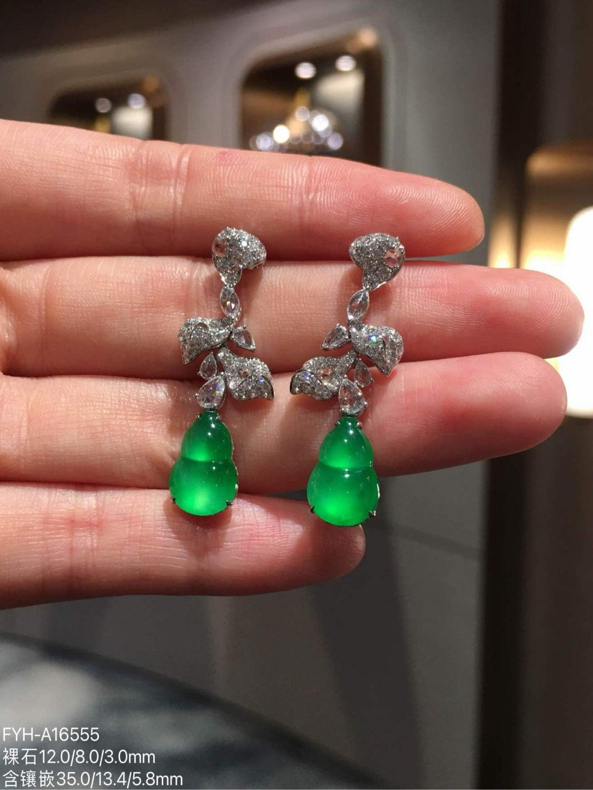 Glass-Type Vivid Green Jadeite Gourd Drop Earrings