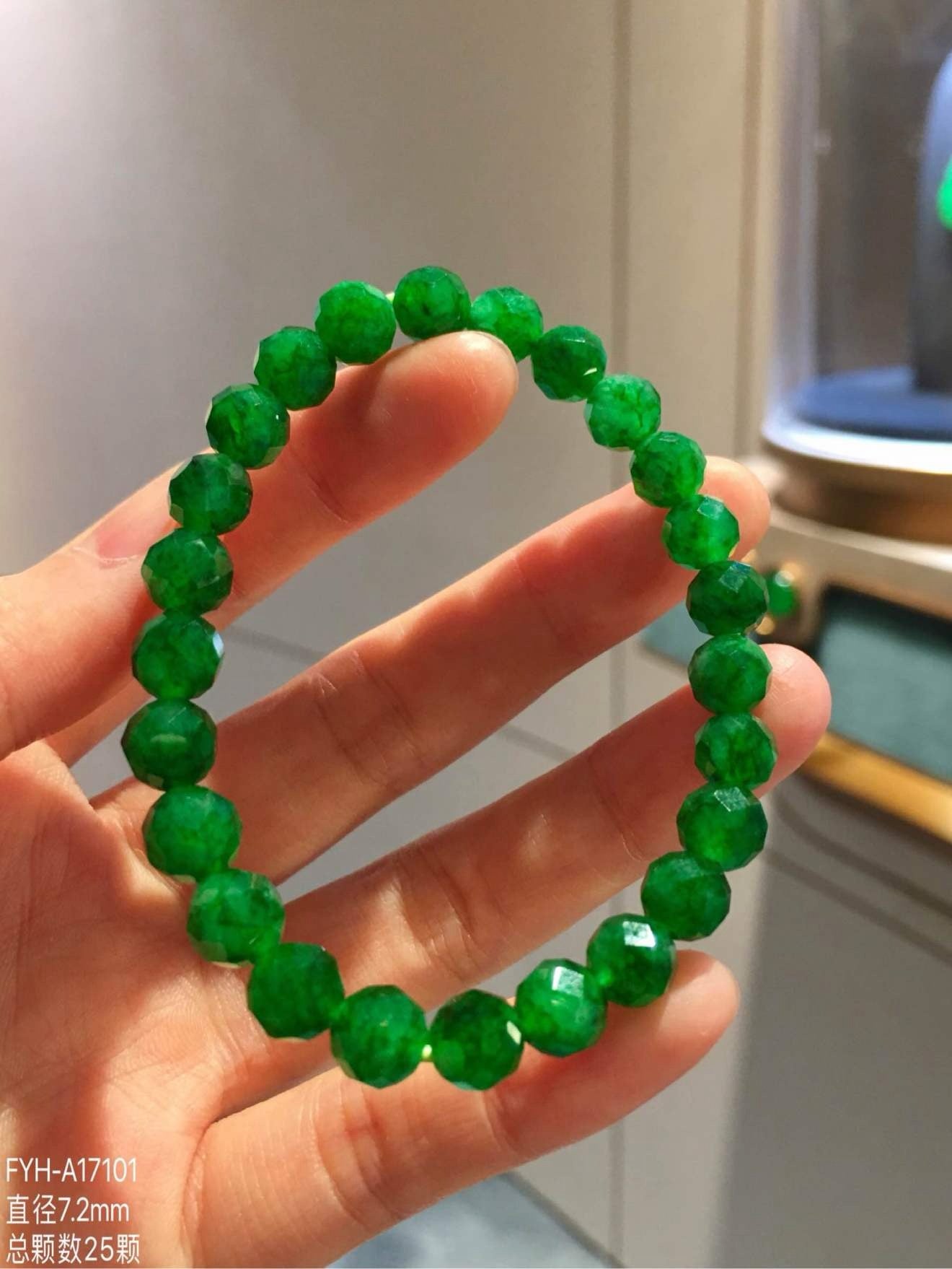 Vivid Green Faceted Burmese Jadeite Bead Bracelet