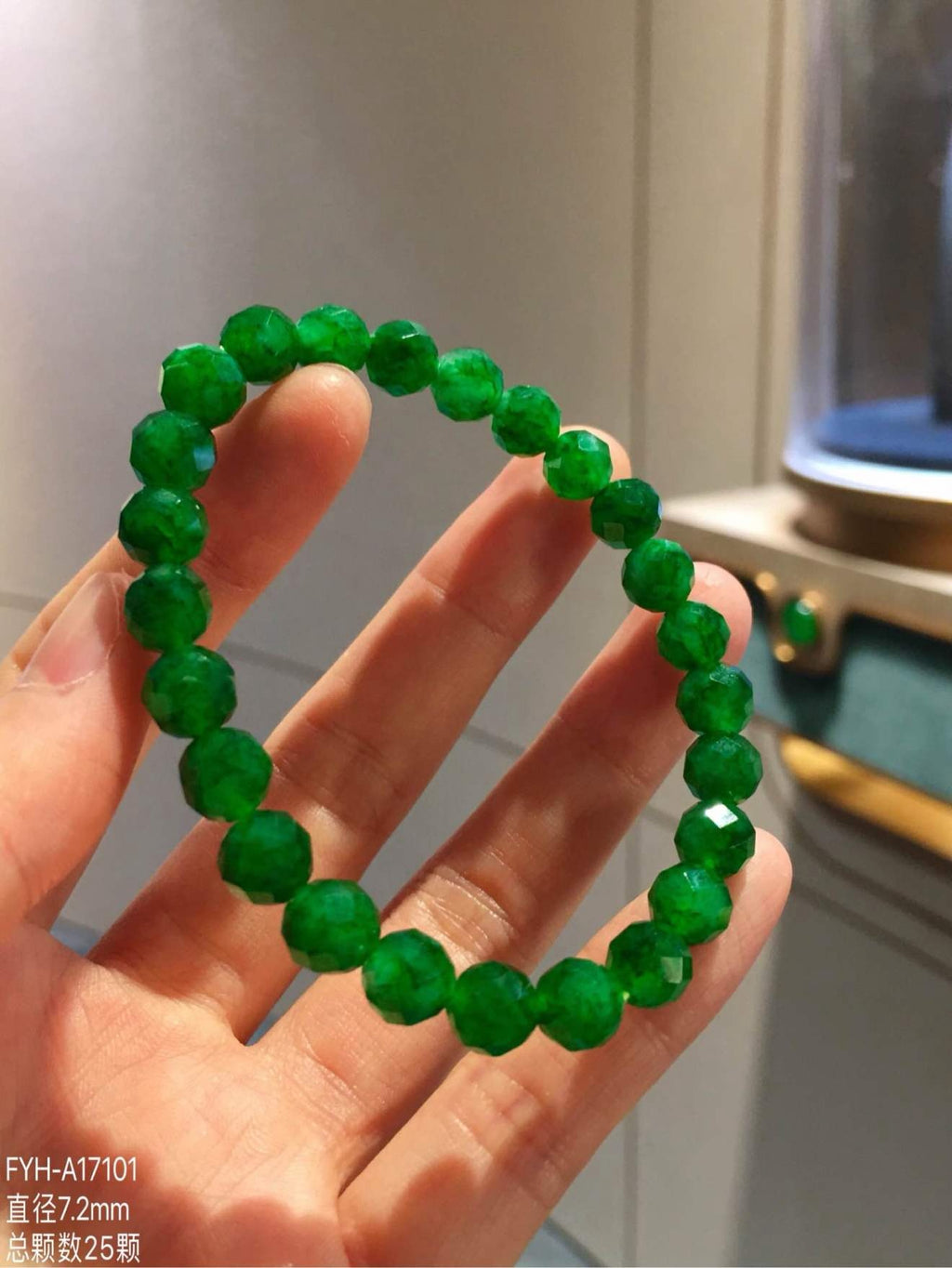 Vivid Green Faceted Burmese Jadeite Bead Bracelet
