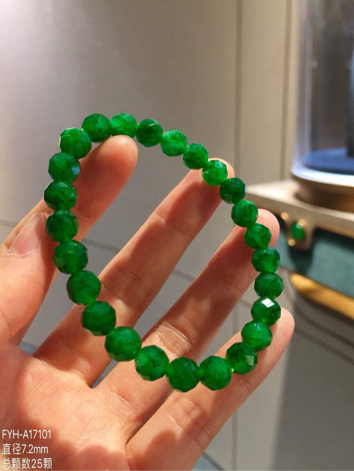 Vivid Green Faceted Burmese Jadeite Bead Bracelet
