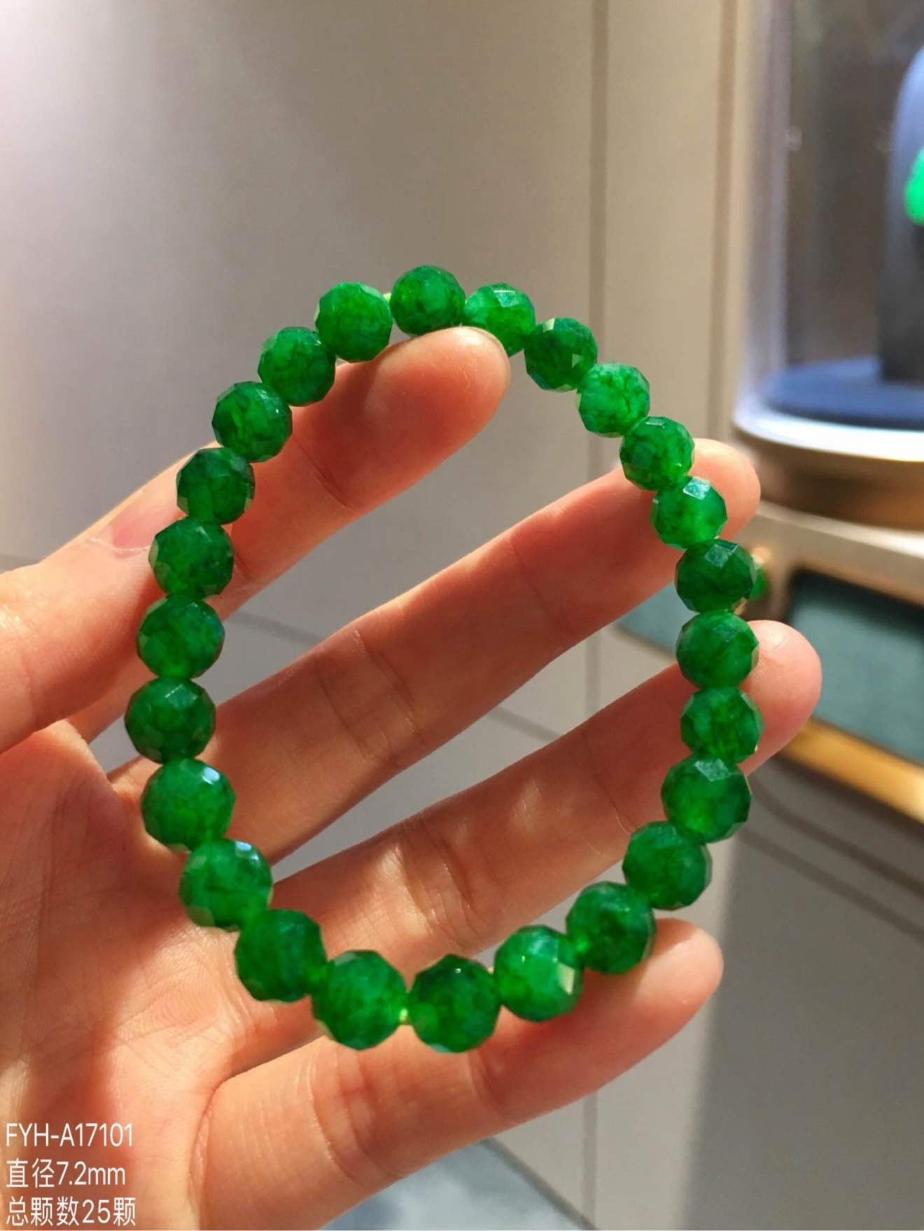 Vivid Green Faceted Burmese Jadeite Bead Bracelet
