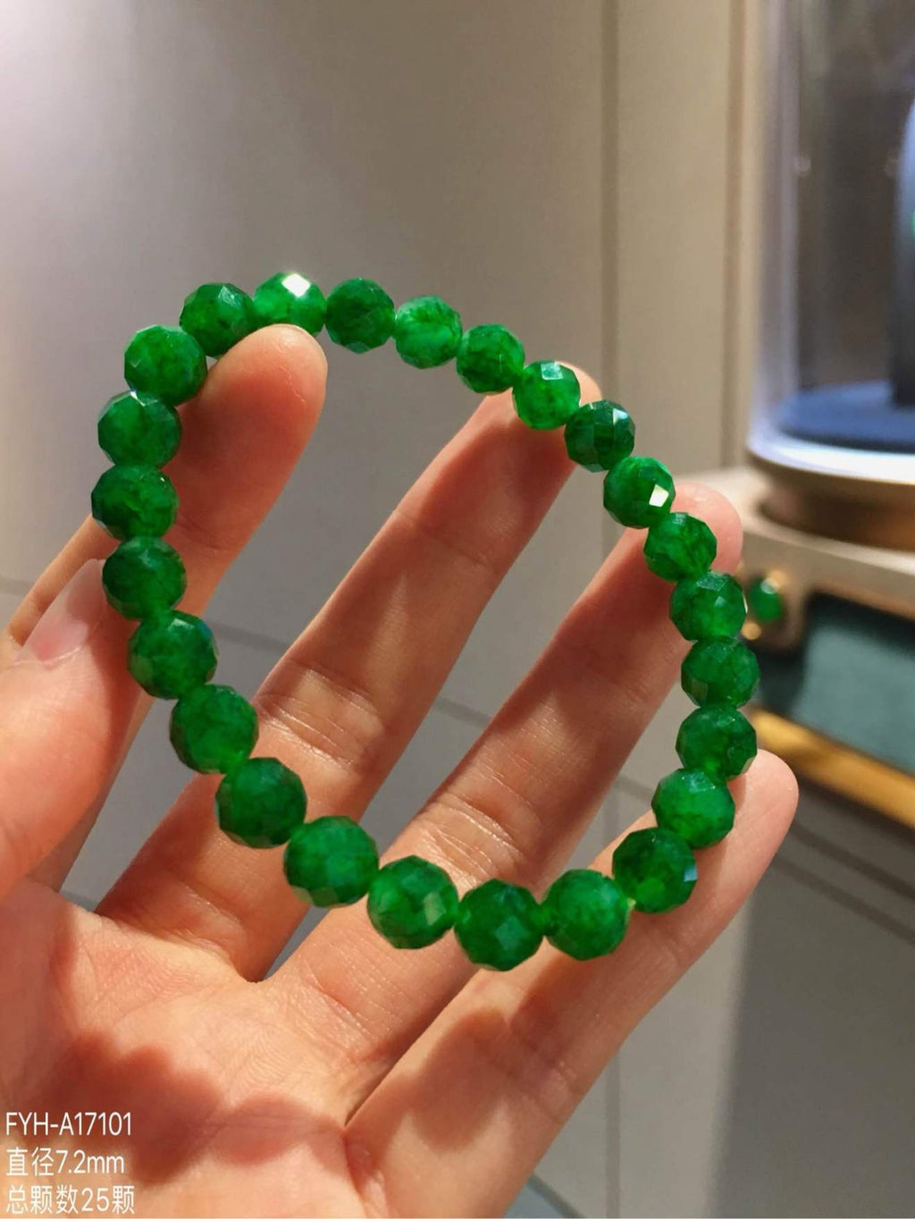 Vivid Green Faceted Burmese Jadeite Bead Bracelet