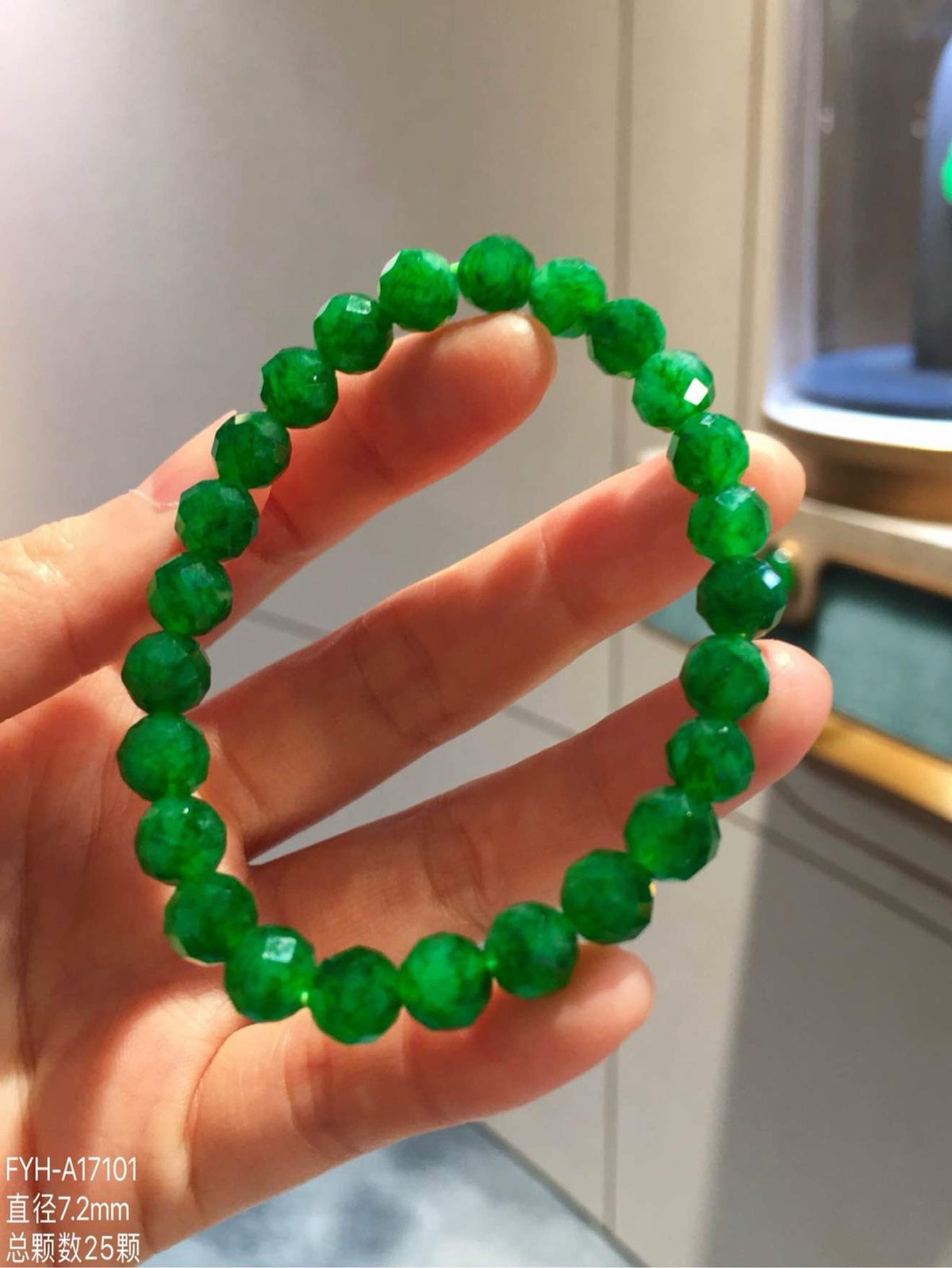 Vivid Green Faceted Burmese Jadeite Bead Bracelet