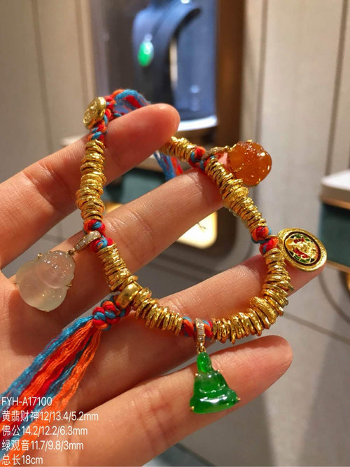 24K Gold Duobao Bracelet with Imperial Green, Icy & Yellow Burmese Jadeite Charms