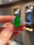 Front view of FYH-A16243, a high-icy Imperial Green jadeite hulu ring set in 18K gold with natural diamonds