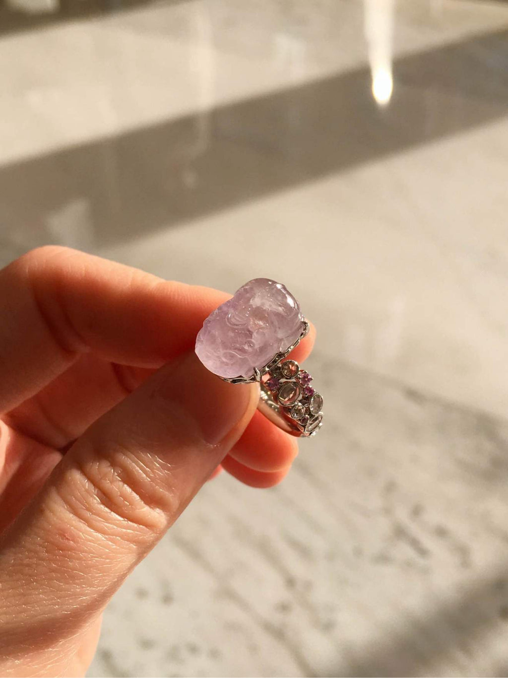 High-Icy Lavender Jadeite Pixiu Ring with 18K Gold and Diamonds