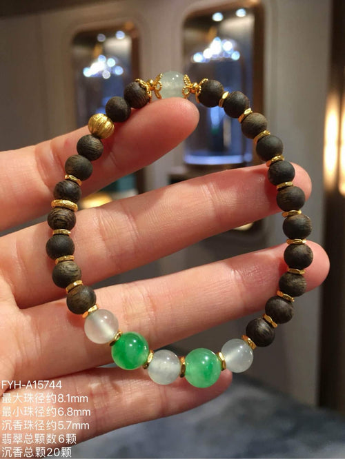 Cultivated Agarwood Bracelet with Burmese Jadeite & 24K Gold