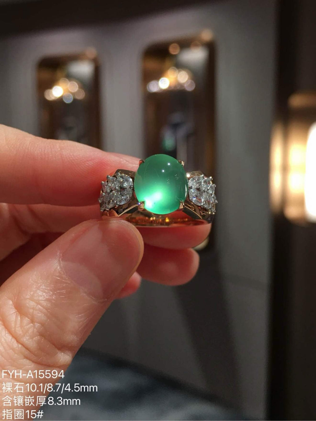 Glassy Sweet Yang-Green Jadeite Diamond Ring with Strong Fluorescence