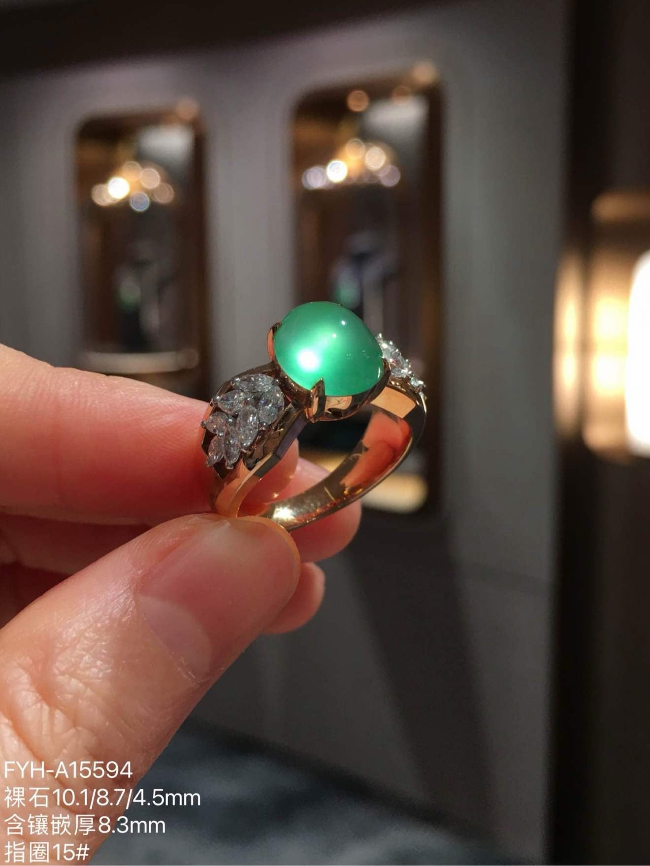 Glassy Sweet Yang-Green Jadeite Diamond Ring with Strong Fluorescence