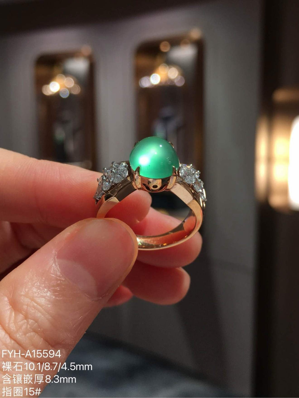 Glassy Sweet Yang-Green Jadeite Diamond Ring with Strong Fluorescence